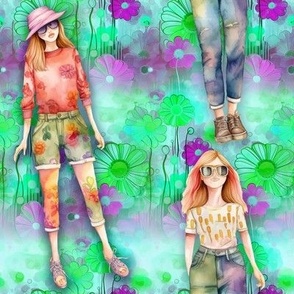 GIRL AQUA TURQUOISE PURPLE ON HIPPY FLOWERS FLWRHT