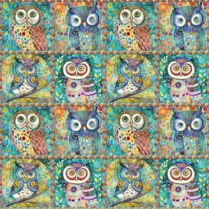 SMALL FUNKY FOUR COLORFUL OWLS CHECKERBOARD KLIMT INSPIRED FLWRHT