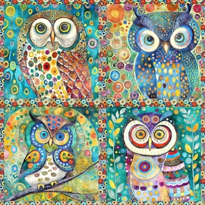 FUNKY FOUR COLORFUL OWLS CHECKERBOARD KLIMT INSPIRED FLWRHT