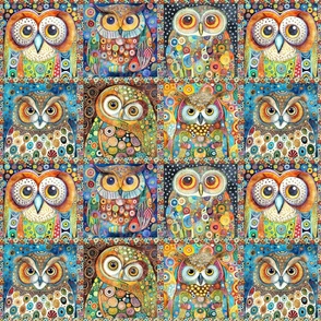 SMALL FUNKY SIX COLORFUL OWLS CHECKERBOARD KLIMT INSPIRED FLWRHT