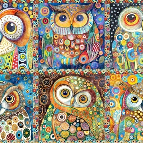 FUNKY SIX COLORFUL OWLS CHECKERBOARD KLIMT INSPIRED FLWRHT