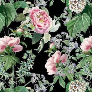 floral pattern with peonies on a dark background