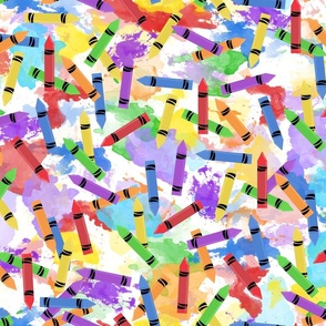 Jumbled crayons on colorful splashes