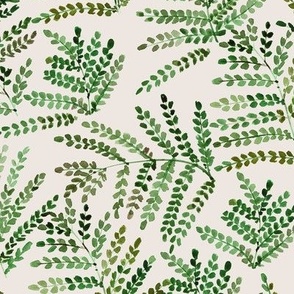 Khaki on cream enchanting fern - watercolor small leaves - natural tropical plants - greenery foliage a550-16