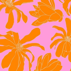 large scale magnolia scatter - orange on candy pink