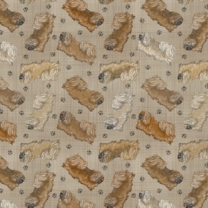 Trotting fawn Pekingese and paw prints - faux linen