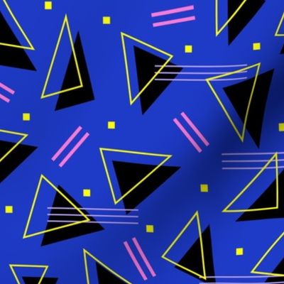 Nineties revival colorful retro triangles and geometric abstract shapes in eclectic blue yellow and pink neon