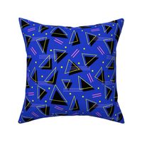 Nineties revival colorful retro triangles and geometric abstract shapes in eclectic blue yellow and pink neon