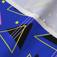 Nineties revival colorful retro triangles and geometric abstract shapes in eclectic blue yellow and pink neon