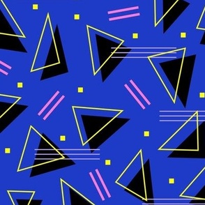 Nineties revival colorful retro triangles and geometric abstract shapes in eclectic blue yellow and pink neon