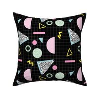 Nineties revival geometric triangles circles and stripes and spots pink blue yellow pastel on black grid pattern LARGE