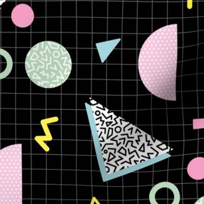 Nineties revival geometric triangles circles and stripes and spots pink blue yellow pastel on black grid pattern LARGE