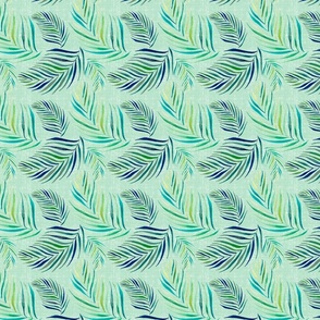 Palm Leaves Tropical Pattern on Light Green Linen Textured Background
