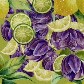 Purple tulips with lemons and limes