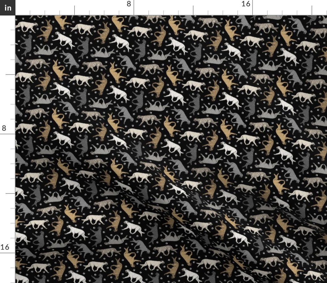 Tiny Trotting Irish Wolfhounds and paw prints - black