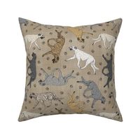 Trotting Irish Wolfhounds and paw prints - faux linen