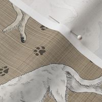 Trotting Irish Wolfhounds and paw prints - faux linen