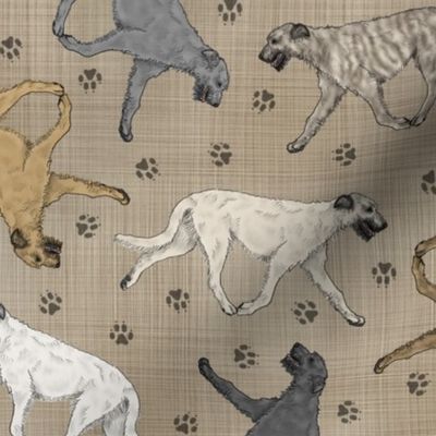 Trotting Irish Wolfhounds and paw prints - faux linen