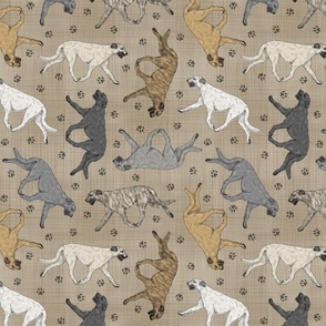 Trotting Irish Wolfhounds and paw prints - faux linen