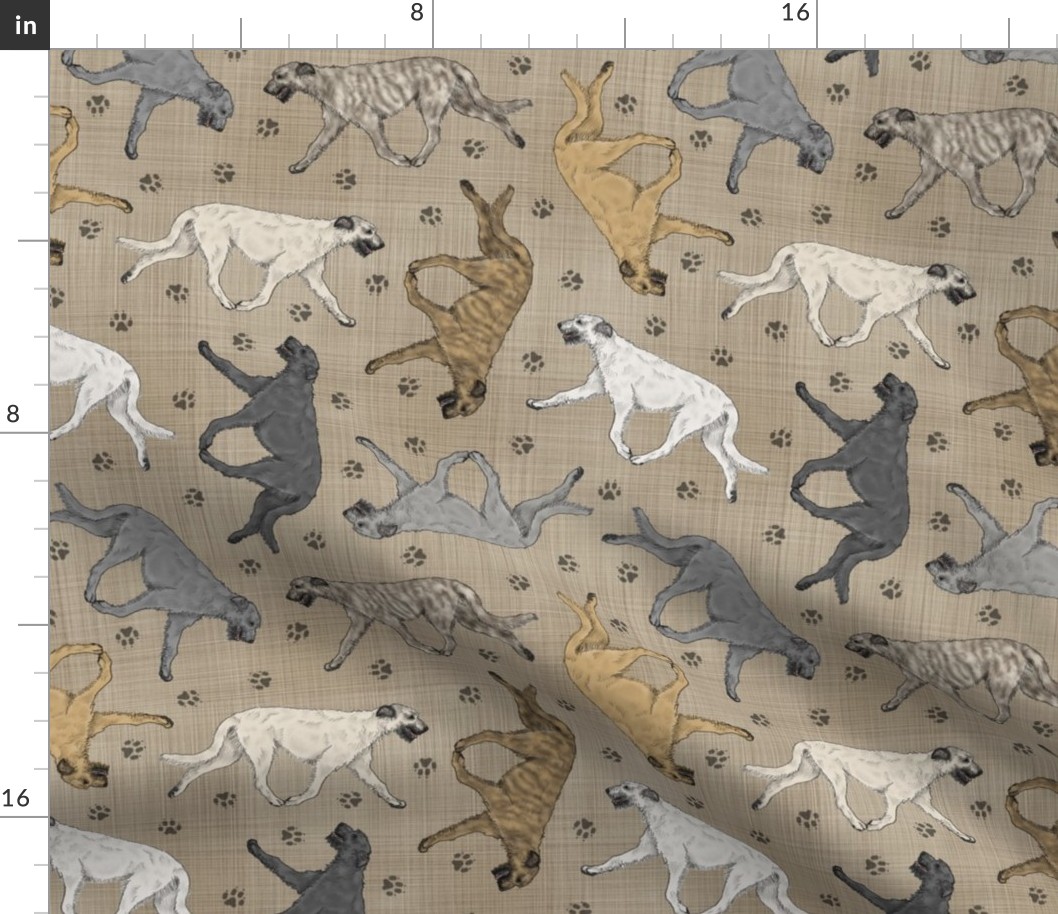 Trotting Irish Wolfhounds and paw prints - faux linen