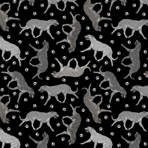 Trotting Scottish Deerhounds and paw prints - black