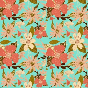 Tropical Hibiscus Print in Coral on Tropical Blue