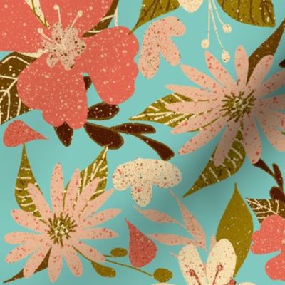 Tropical Floral Print in Coral and Aqua