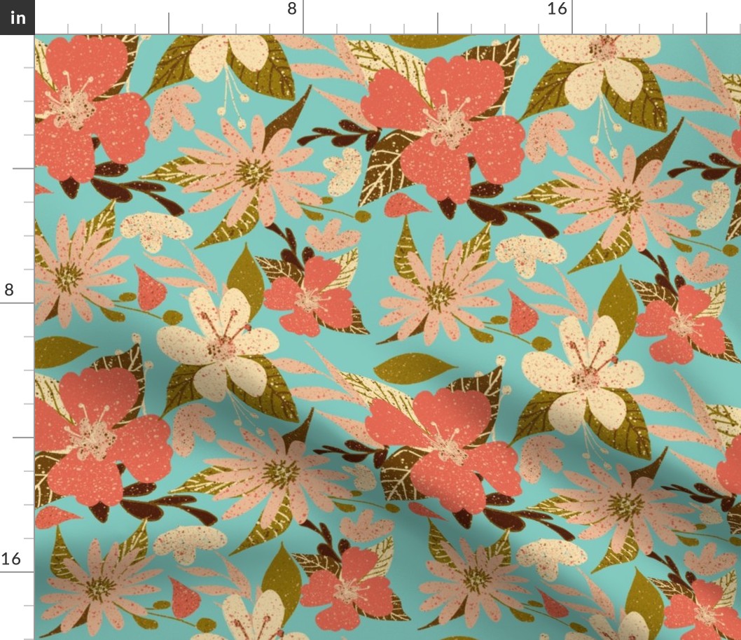 Tropical Floral Print in Coral and Aqua