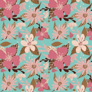 Tropical Floral Print Hibiscus Pink and Seafoam