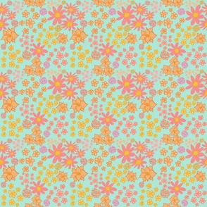 Flower Power Retro Design in Coral, Pink , Mint and Yellow