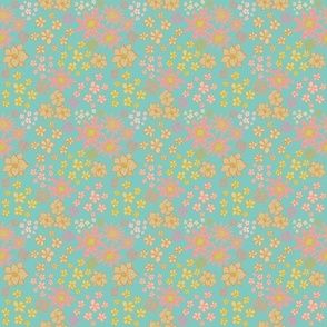 Retro Floral Pattern, Aqua, Pink, Orange and Yellow