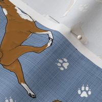 Trotting red Basenjis and paw prints - faux denim