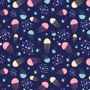 Small - Pastel jellyfish pattern in dark blue ocean