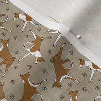 Tiny Trotting red Basenjis and paw prints - faux linen
