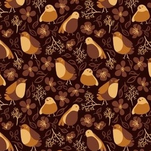 Brown autumn birds and botanical pattern