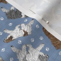 Tiny Trotting Polish Lowland Sheepdogs and paw prints - faux denim