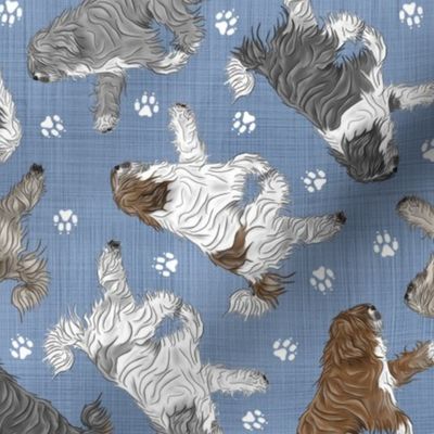 Trotting tailed Polish Lowland Sheepdogs and paw prints - faux denim