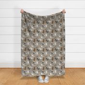 Trotting tailed Polish Lowland Sheepdogs and paw prints - faux linen