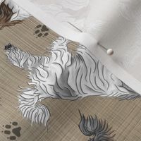 Trotting tailed Polish Lowland Sheepdogs and paw prints - faux linen