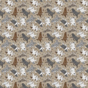Tiny Trotting tailed Polish Lowland Sheepdogs and paw prints - faux linen