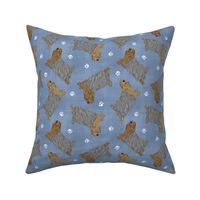Trotting Yorkshire Terriers and paw prints - faux denim
