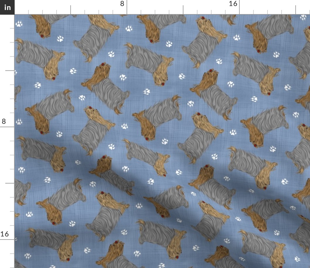 Trotting Yorkshire Terriers and paw prints - faux denim
