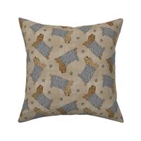 Trotting Yorkshire Terriers and paw prints - faux linen