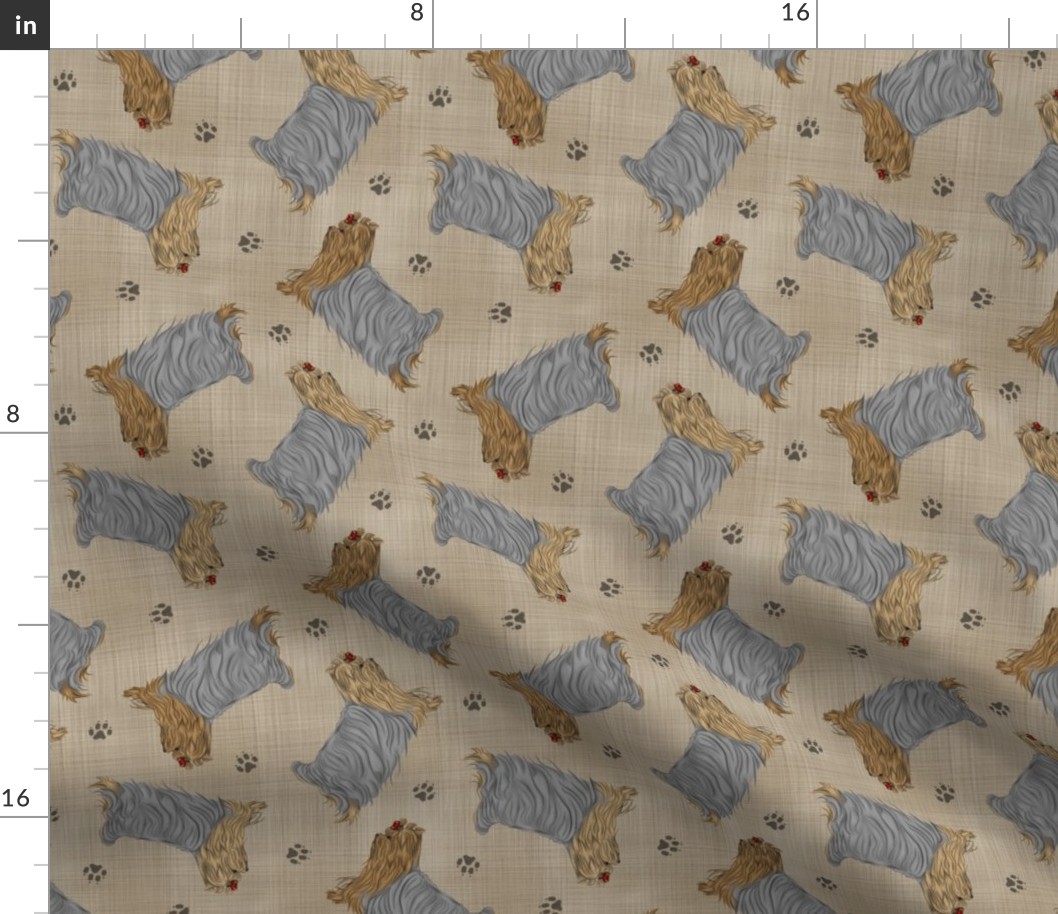 Trotting Yorkshire Terriers and paw prints - faux linen