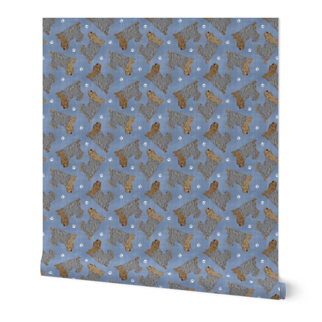 Trotting undocked Yorkshire Terriers and paw prints - faux denim