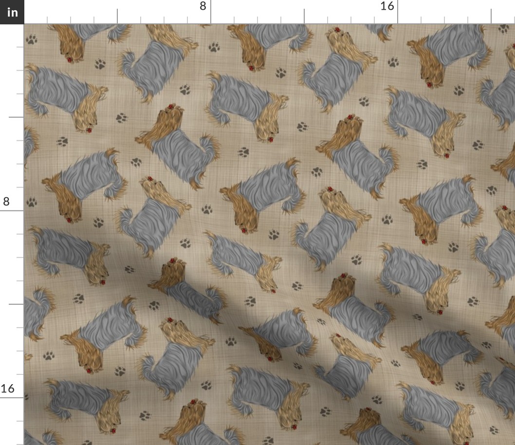 Trotting undocked Yorkshire Terriers and paw prints - faux linen