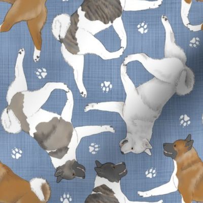 Trotting Akitas and paw prints - faux denim