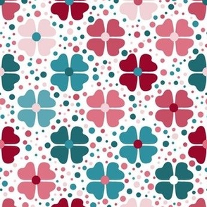   Joy in small places, Flowers & Dots on White,  white, reds, lagoon teal 