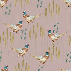 Hand Painted Pheasant With Grass And Wheat Blush Pink Medium