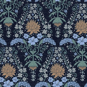 Moody Tropical Flora damask Navy Small Scale 